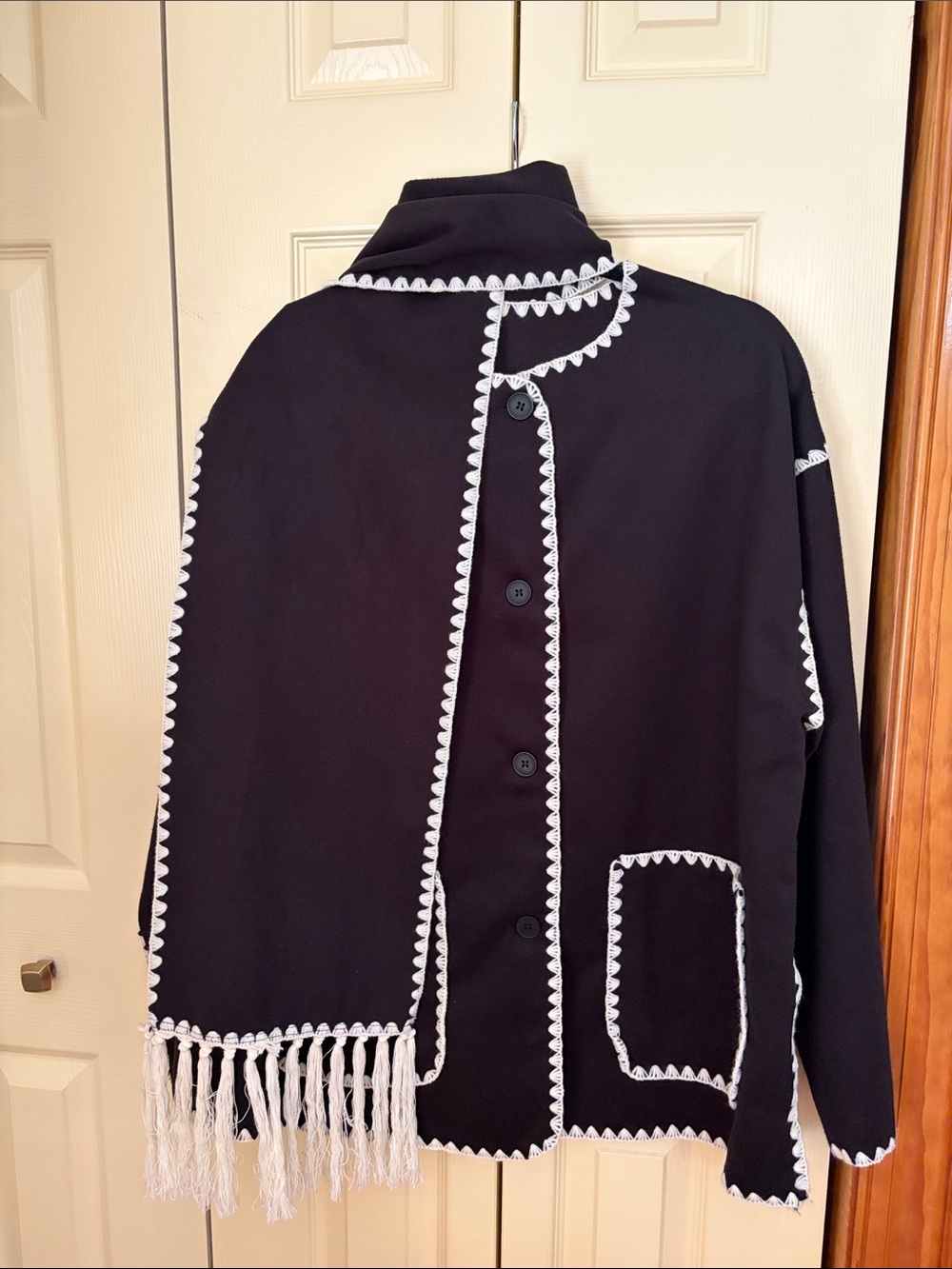 Black Fringe Trim Button-Front Women's Jacket
